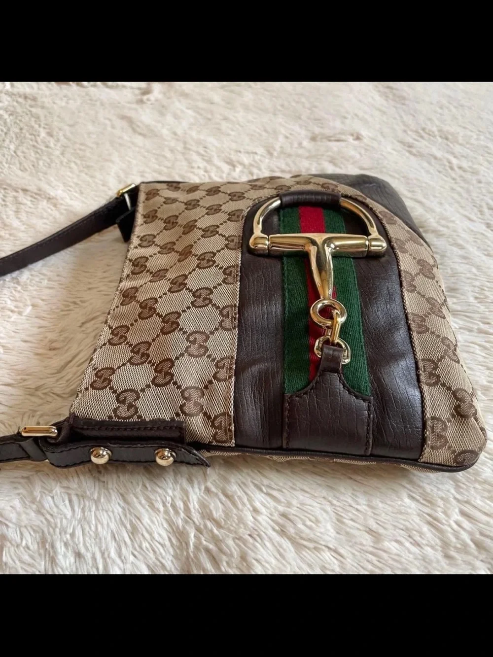 Gucci Brown GG Canvas Crossbody Bag with Red-Green Web and Gold Tone Hardware